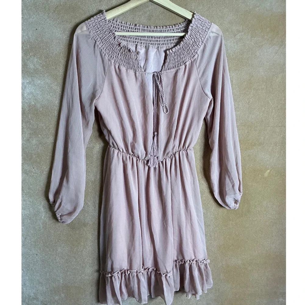 Light Pink Smocked Off Shoulder Ruffle Hem Dress Long Sleeve Boho Chic